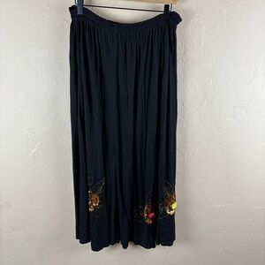 Vintage Andiamo Black Pleated Broomstick Maxi Skirt Embellish Floral whimsygoth
